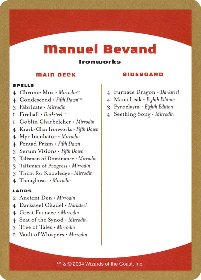 Manuel Bevand Decklist [World Championship Decks 2004] | Nerdhalla Games