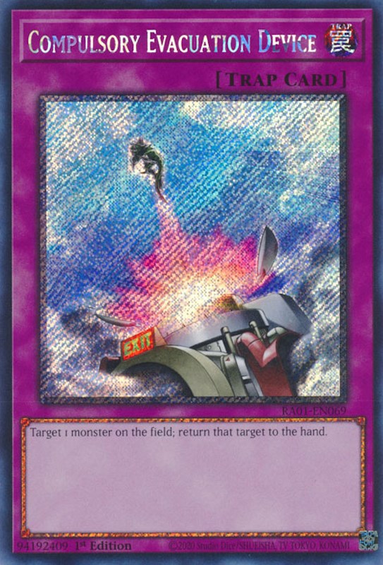 Compulsory Evacuation Device [RA01-EN069] Platinum Secret Rare | Nerdhalla Games