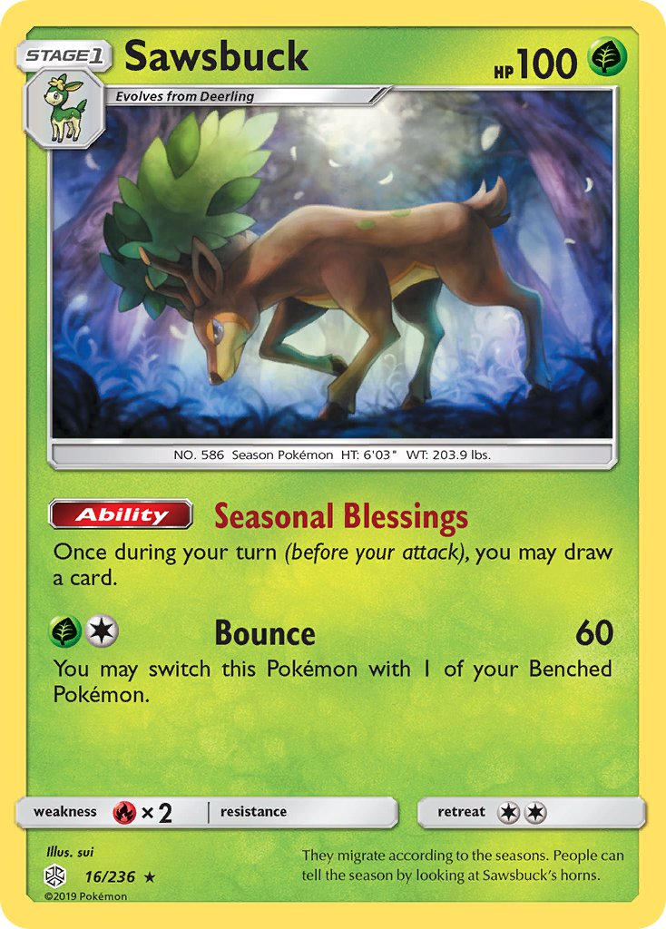 Sawsbuck (16/236) (Prerelease Kit Exclusive) (Theme Deck Exclusive) [Sun & Moon: Cosmic Eclipse] | Nerdhalla Games