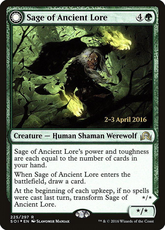 Sage of Ancient Lore // Werewolf of Ancient Hunger [Shadows over Innistrad Prerelease Promos] | Nerdhalla Games