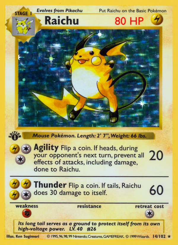 Raichu (14/102) (Shadowless) [Base Set 1st Edition] | Nerdhalla Games