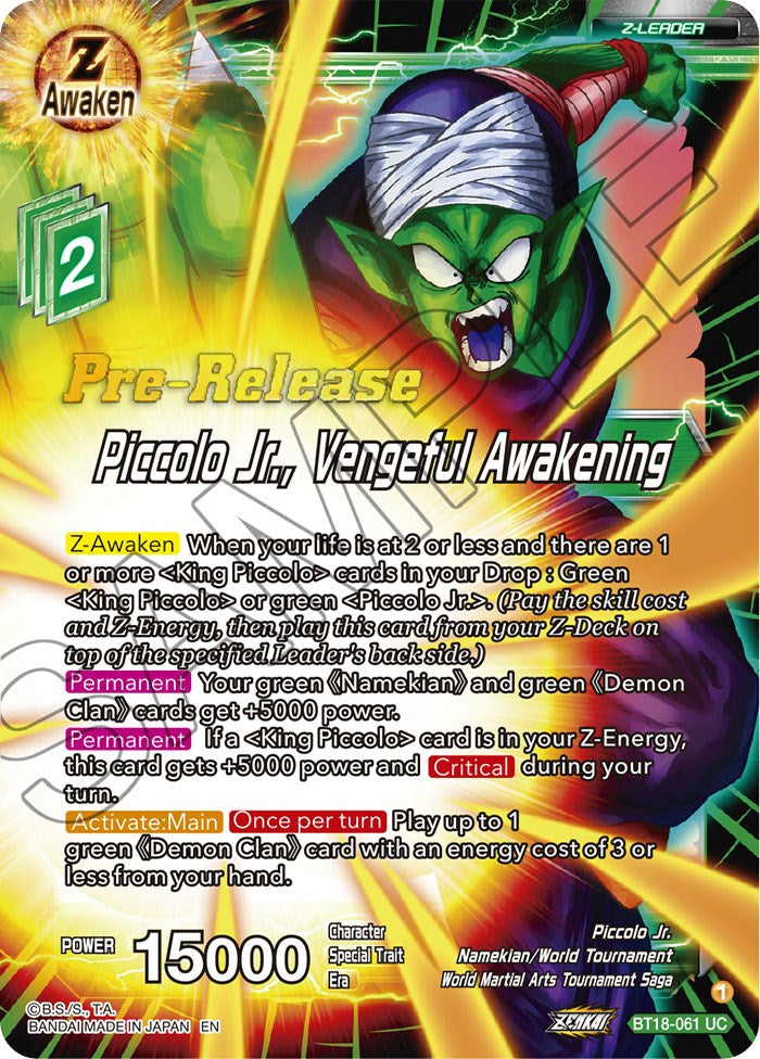 Piccolo Jr., Vengeful Awakening (BT18-061) [Dawn of the Z-Legends Prerelease Promos] | Nerdhalla Games