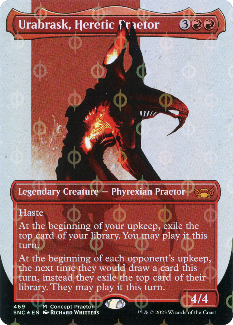 Urabrask, Heretic Praetor (Borderless Concept Praetors Step-and-Compleat Foil) [Phyrexia: All Will Be One] | Nerdhalla Games