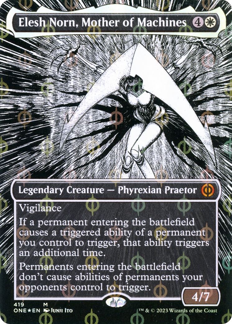 Elesh Norn, Mother of Machines (Borderless Manga Step-and-Compleat Foil) [Phyrexia: All Will Be One] | Nerdhalla Games