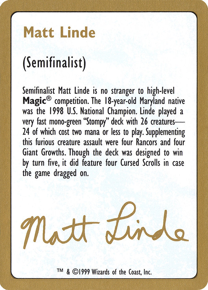 Matt Linde Bio [World Championship Decks 1999] | Nerdhalla Games