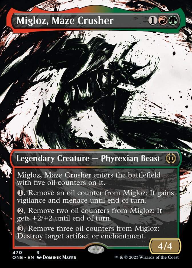 Migloz, Maze Crusher (Borderless Ichor Step-and-Compleat Foil) [Phyrexia: All Will Be One] | Nerdhalla Games